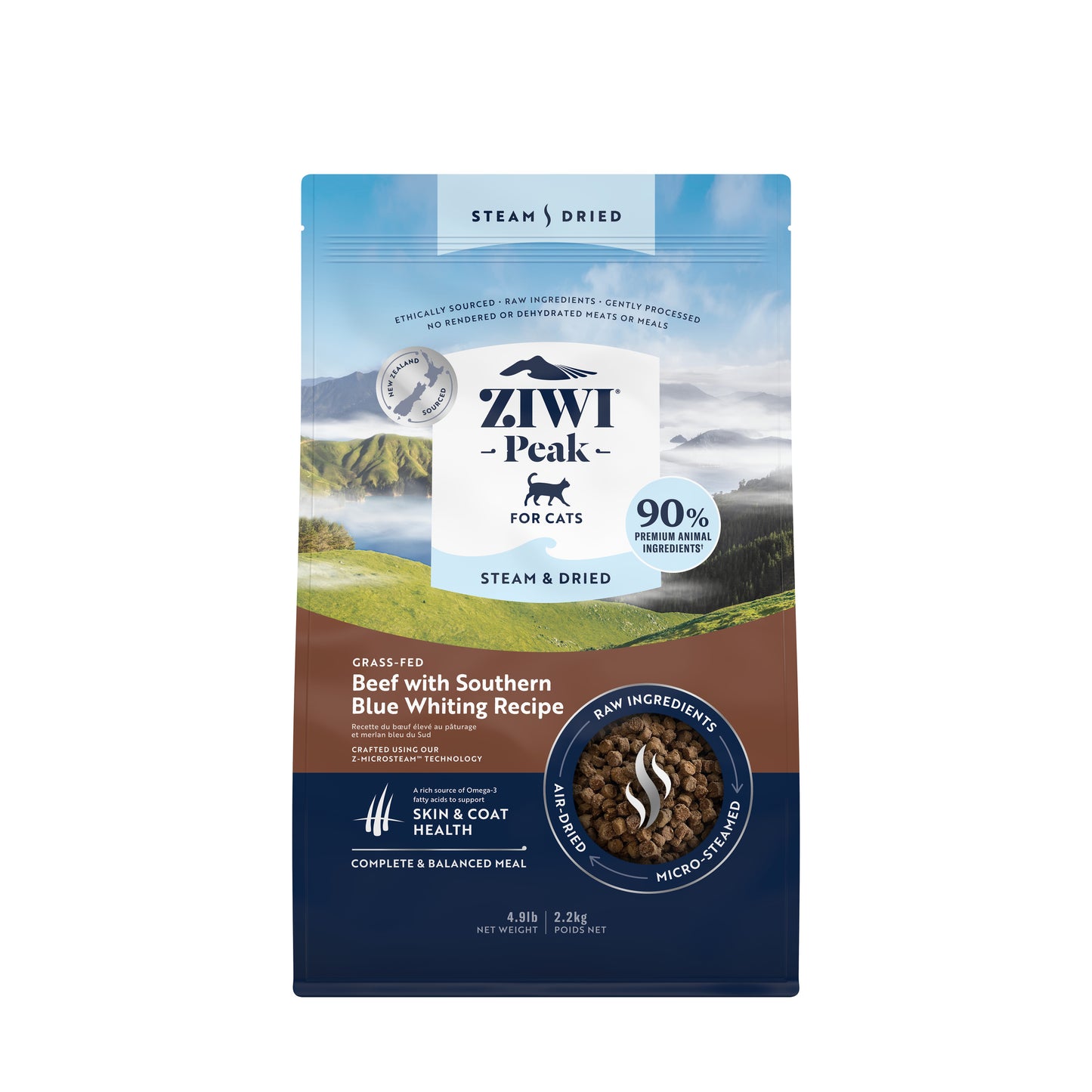 ZIWI Peak® Steam & Dried   Grass-fed Beef with Southern Blue Whiting Recipe for cats