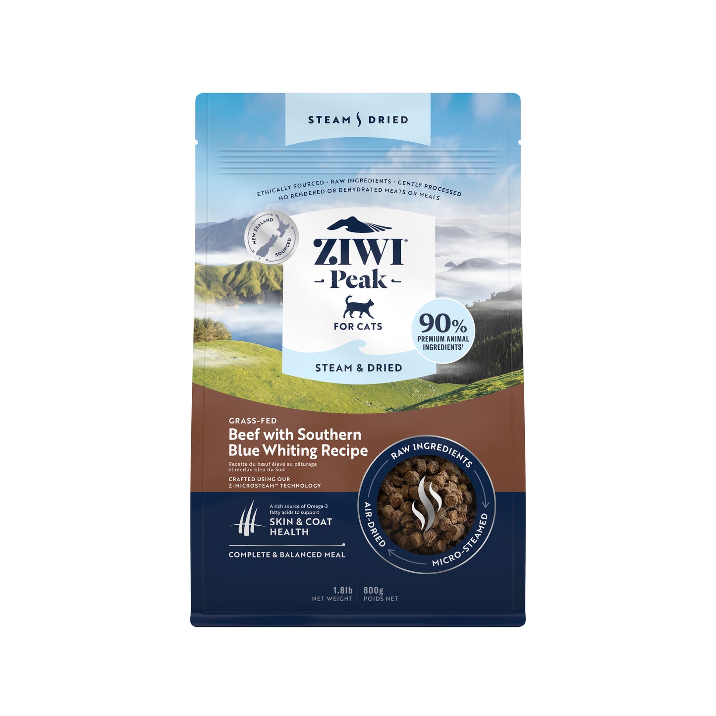 ZIWI Peak® Steam & Dried   Grass-fed Beef with Southern Blue Whiting Recipe for cats
