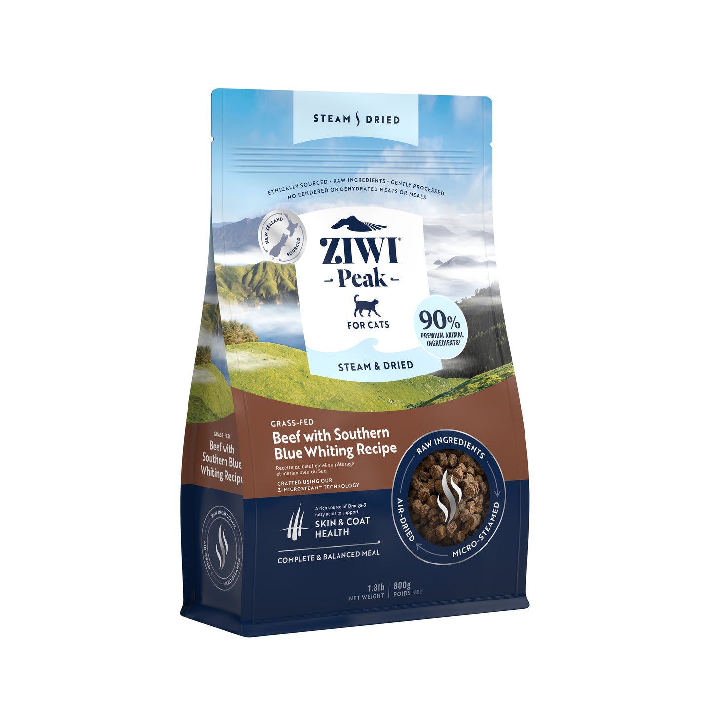 ZIWI Peak® Steam & Dried   Grass-fed Beef with Southern Blue Whiting Recipe for cats